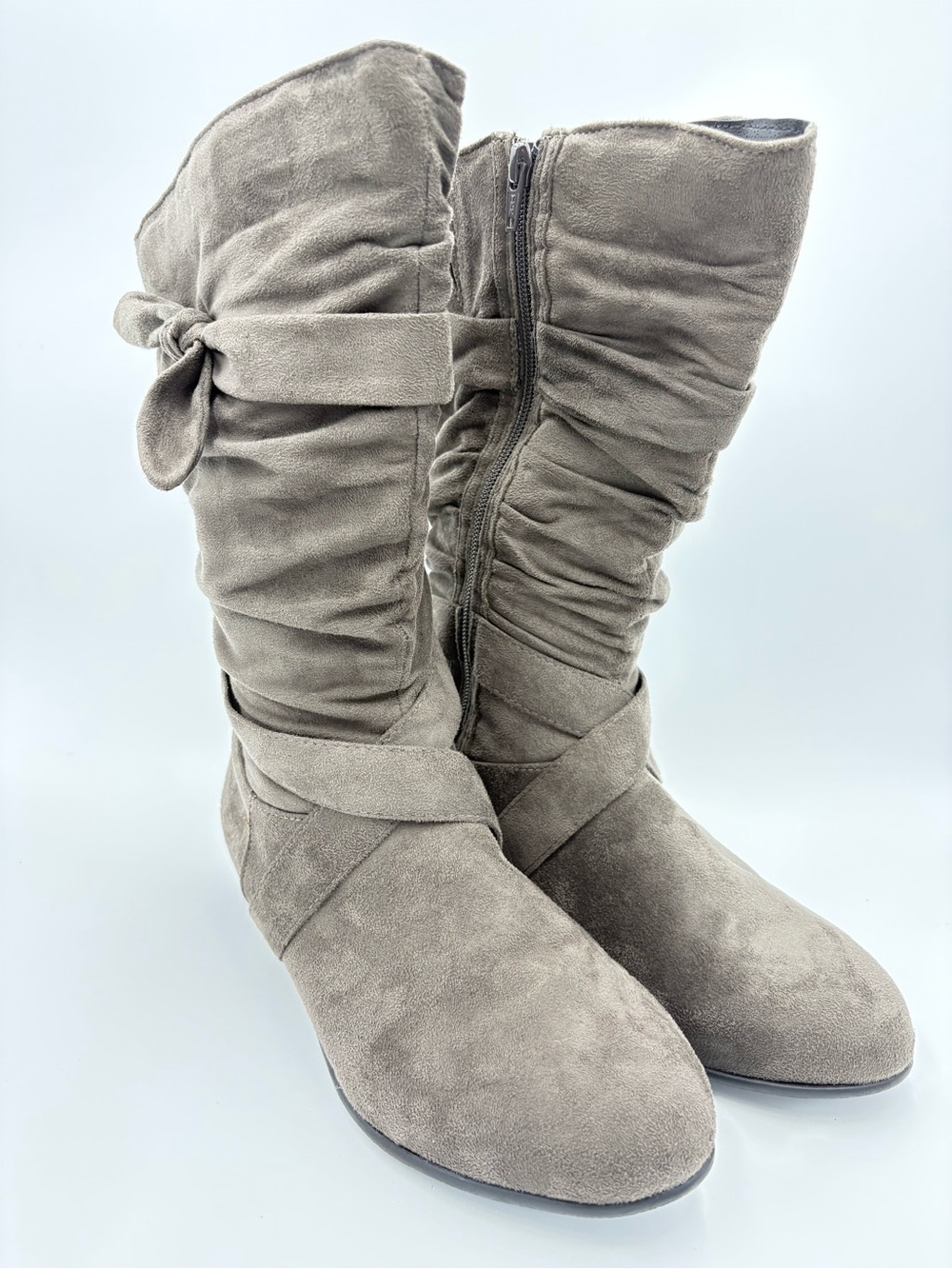 Comfortview Women's Brown Suede Mid-Calf Boots with Crisscross Bow Detail Sz 8W